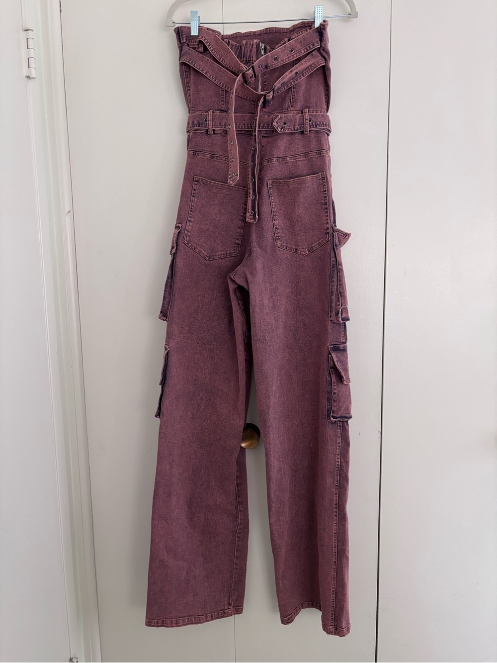 NWT $130 Akira Acid Washed Denim Jumpsuit Pink buckles streetwear cargo baggy - Picture 7 of 13